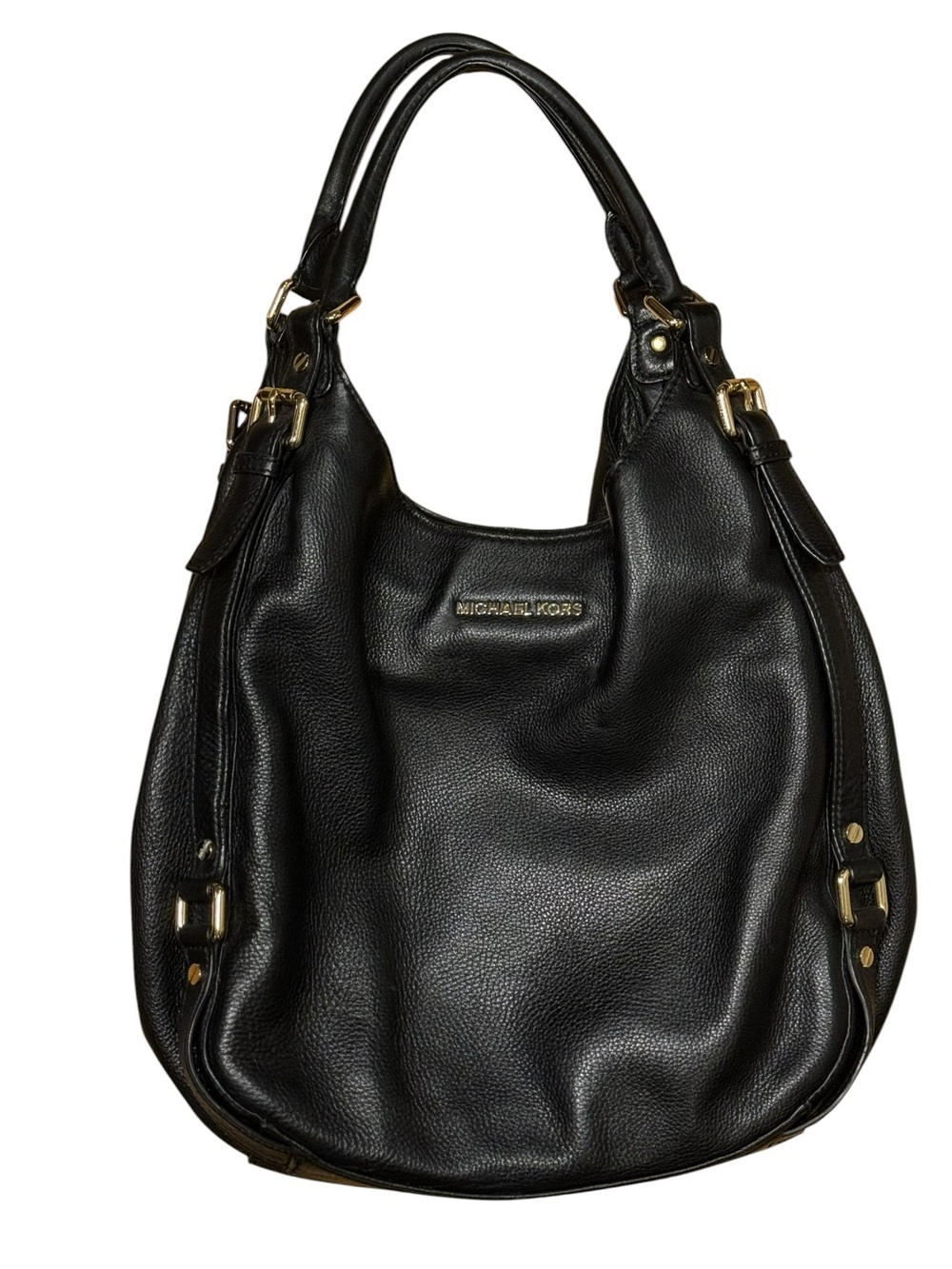 Michael Kors Bedford Leather Hobo Shoulder Bag Black Gold Hardware - Picture 2 of 14